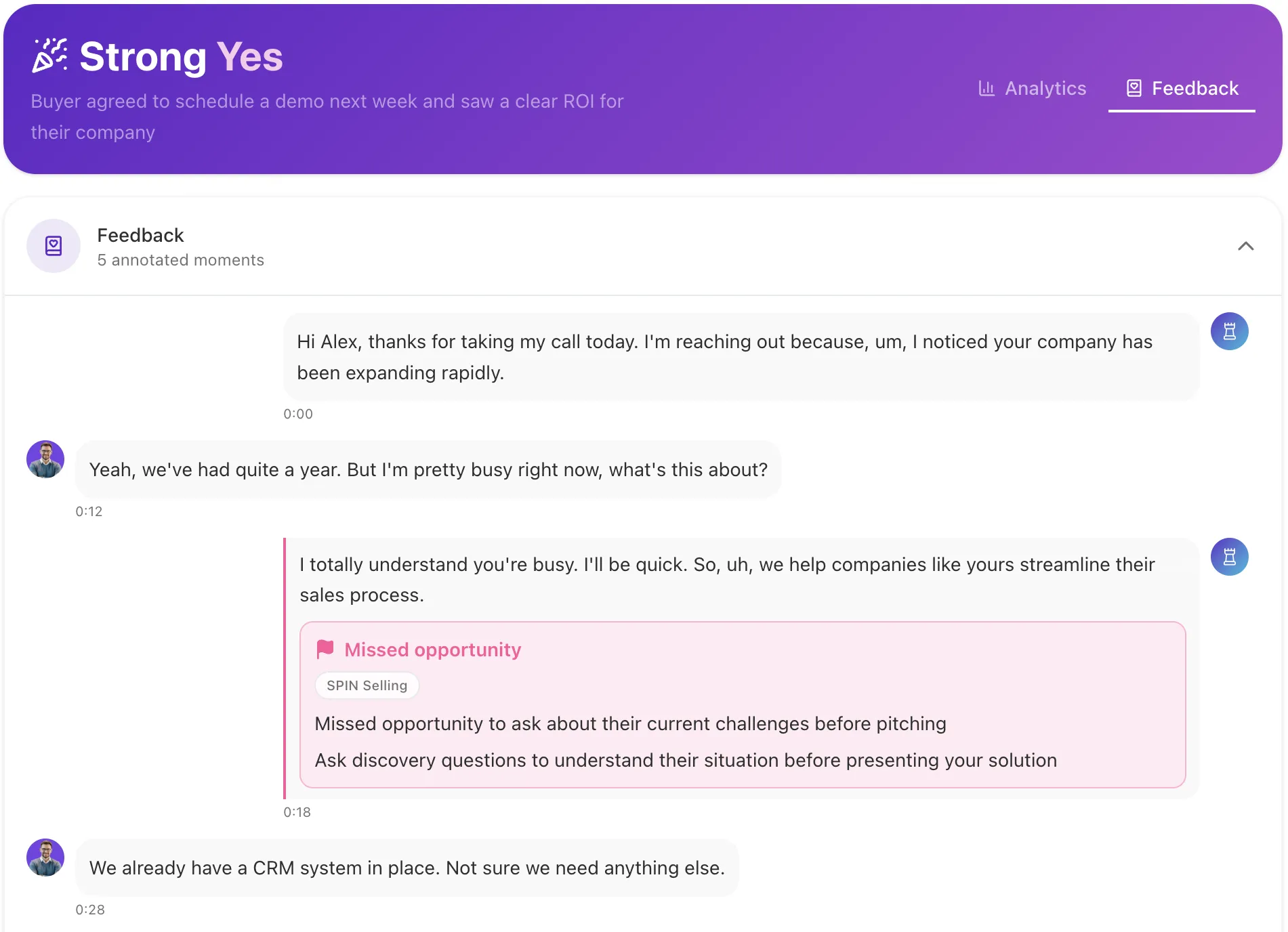 Chambr coaching feedback pinpointed directly on the call transcript