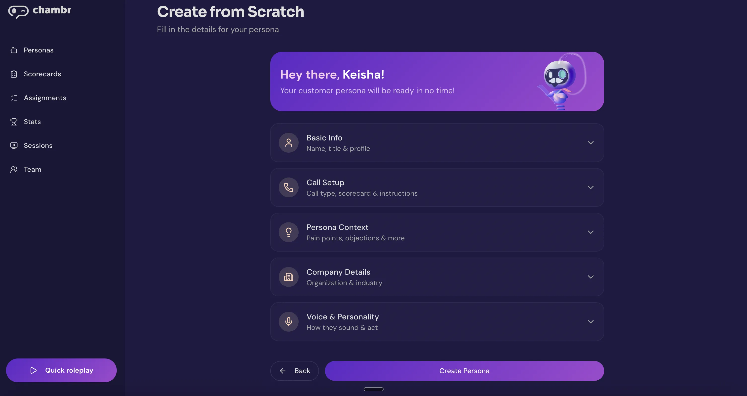 Chambr persona configuration for onboarding